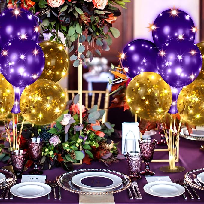Junkin 10 Set Balloon Stand Kit for Centerpiece with LED String Light 100 Pcs Balloons Table Balloon Stand Centerpieces for Birthday Wedding Baby Shower Back to School Party Decor(Purple)