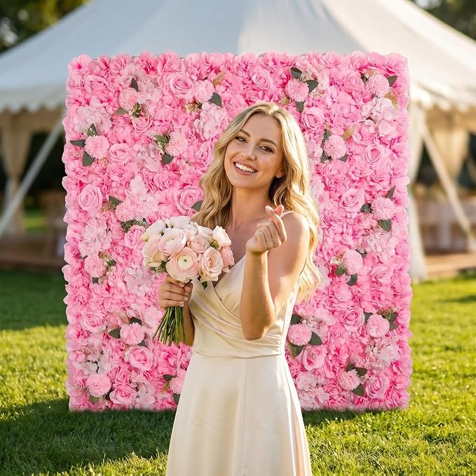 3D Flower Wall Backdrop - 6Pcs 16×24 Inch Artificial Rose Panels Pink Silk Floral Decor for Home Party Wedding Anniversary Birthday Photographic Studio Background & Decorative Fences