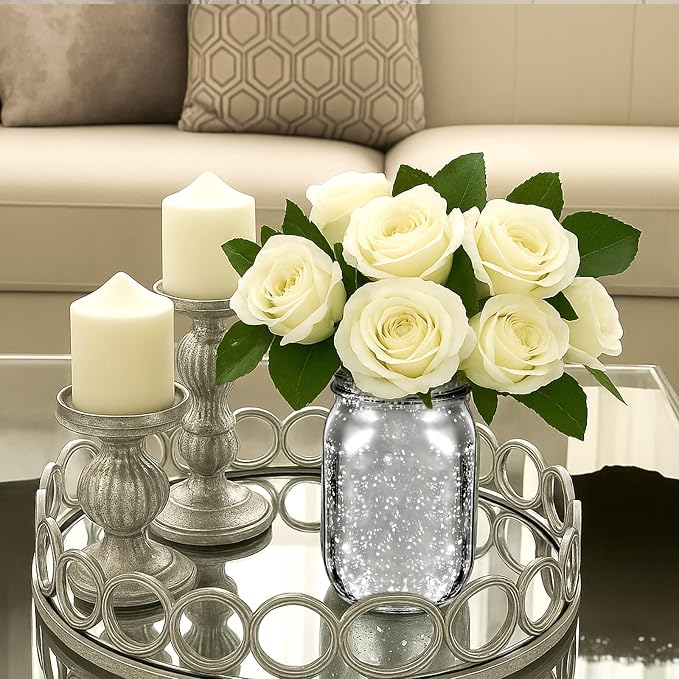 Layhit 6 Pcs Painted Mason Jars Colored Painted Mason Jars Centerpiece for Table with 6 Pcs 9.84 ft 30 LED Operated Fairy Lights for Wedding (Silver)