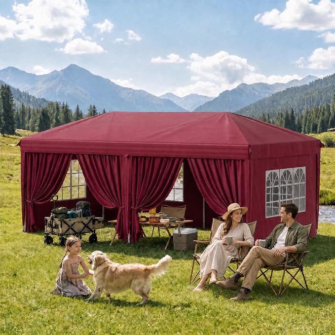 KIGOTY 10x20 FT Portable Pop Up Canopy Tent, Adjustable Height Instant Gazebo with Sidewalls, Sandbags, Waterproof Outdoor Canopy for Camping, Parties, Vendor Events (RED, 3m × 6m with sidewalls)