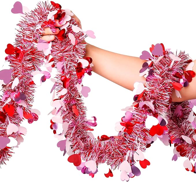 Valentines Garland Decor,50Ft Glitter Tinsel Heart Garland Decorations for Tree Mantle Bedroom Office Classroom Party Indoor Outdoor Holiday Home Pink Red White