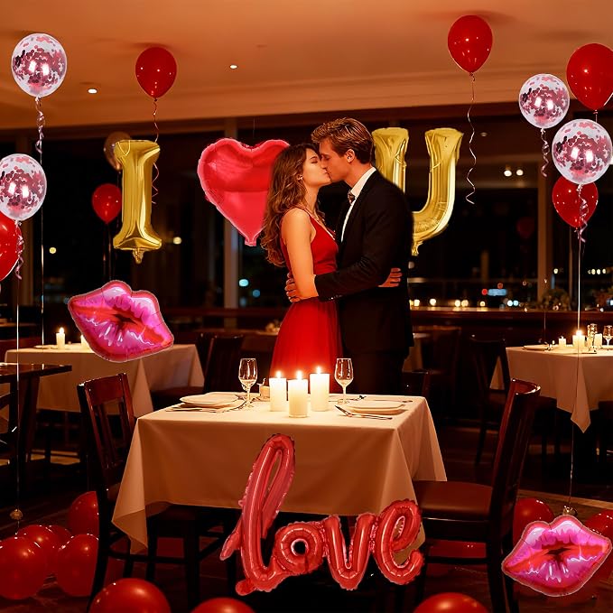 32 Inch I Love You Balloons Red Gold Balloon with Heart Shaped, lips, Love Foil Balloons and 1000 Pieces Rose Petals for Anniversary Valentine's Day Proposals Decorations