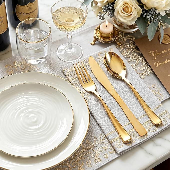 WDF 120 Pieces Gold Plastic Silverware - Disposable Flatware Set - Heavy Duty Plastic Cutlery - Silverware Includes 40 Forks, 40 Spoons, 40 Knives for Party Birthday Baby Shower Wedding Spring