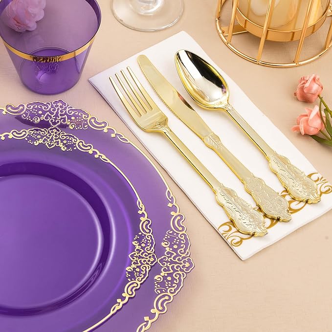 Bestluck 175PCS Clear Purple Plastic Plates for 25 Guests, Disposable Plates with Gold Trim include 25 Dinner Plates, 25 Dessert Plates, 75 Gold Silverware, 25 Cups, 25 Napkins for Party, Wedding