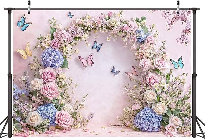 8X6ft Pink Butterfly Floral Backdrop Baby Shower Colorful Flowers Backdrops for Photograph Background Wedding Girl Birthday Table Cake Party Decorations Photo Studio Props