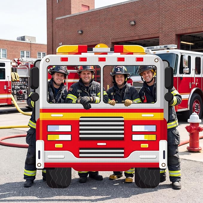 Amyhill 4.6ft Fire Truck Cardboard Cutout Stand up Life-Size Fire Safety Awareness Party Decorations Firefighter Photo Booth Standup for Firetruck Baby Shower Birthday Party Classroom