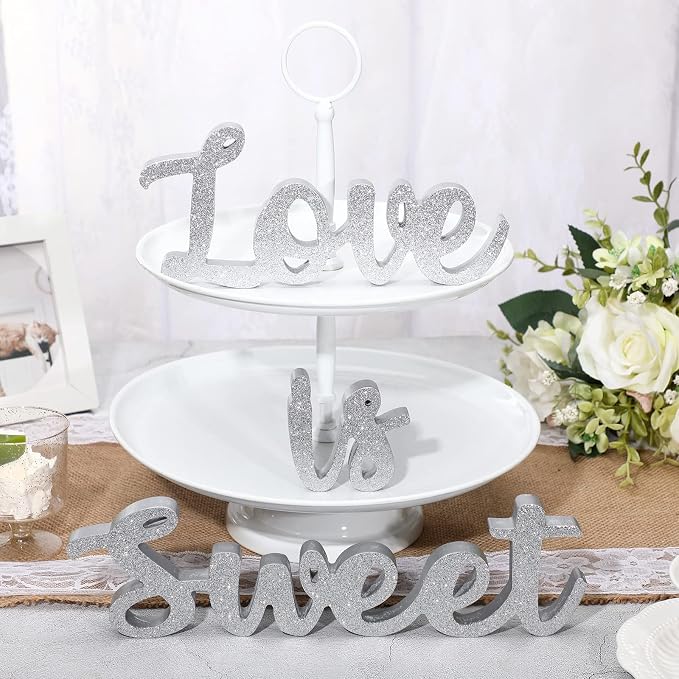 Love Is Sweet Table Decor Hollow Sign Wooden Love Is Sweet Sign for Dessert Table Freestanding Wood Is Wooden Letter Top for Wedding Shelf(Glitter Silver)