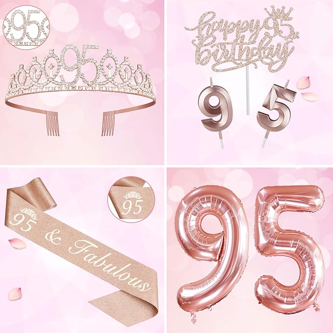 95th Birthday Party Decorations for Women, Including 95th Birthday Sash and Crown, Cake Topper and Candles, Number Balloons, 95 Year Old Decorations Gifts Idea