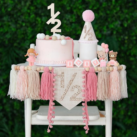1/2 Birthday Girl High Chair Banner Half Way To One Baby Girl Birthday Decorations 6 Months Hat Outfit Half Year Cake Topper Party Hat Photo Shoot Props