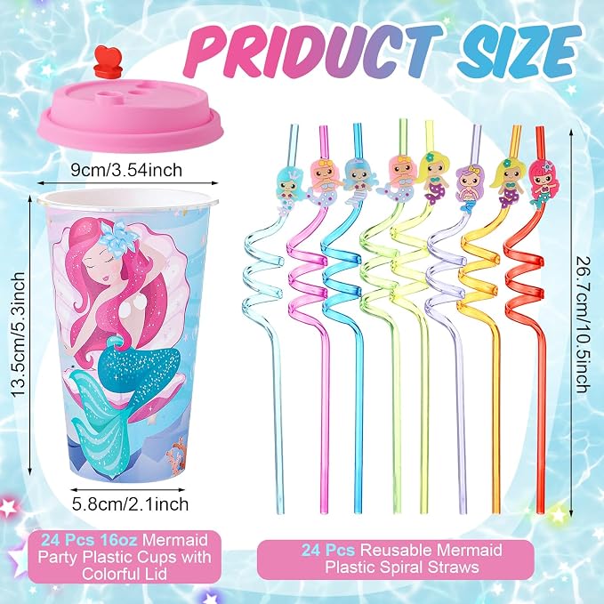 Maxcheck 36 Sets 16 oz Mermaid Party Favors Goodie Cups with Colorful Lids and Straws for Birthday Decorations Reusable Plastic Candy Cups Bulk Plastic Straws for Birthday Party Celebration Gifts