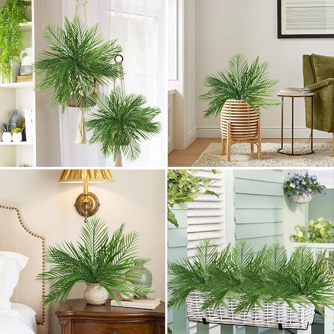 RECUTMS Artificial Palm Plant 2Pcs Fake Tropical Greenery Areca Palm Leaves Bush 20Inches Monstera Leaf Tree Branches for Home Office Garden Jungle Hawaiian Beach Party Outdoor Indoor Decor