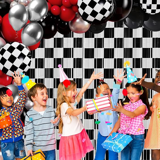 Race Car Balloon Garland Arch Kit Birthday Party Decorations, Black White Checkered Foil Fringe Curtains Backdrop Tinsel Streamer Photo Booth Props Racing One Happy Dude Party Decor Favors Supplies