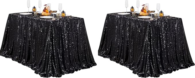 QueenDream Sequin Tablecloth 60x102 Inch Black Tablelcoth Halloween Glitter Tablecloth for Wedding Birthday Party Graduation (Pack of 2)