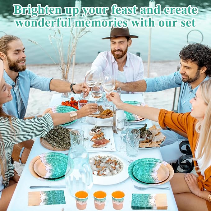 Funnymoom 250 Pcs Beach Party Decoration Ocean Waves Paper Plates Napkins and Cups Nautical Sea Shore Ocean Pool Party Tableware Set for Summer Beach Tropical Hawaii Birthday Decorations, Serves 50