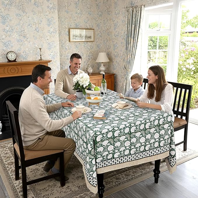 Ridhi Turquoise Moss Green Hand Block Print Cotton Rectangle Tablecloth 108" x 60" inches Reusable Table Cover Decorative Everyday Use for Dining Room, Farmhouse, Home Gift for Spring, Mother's Day