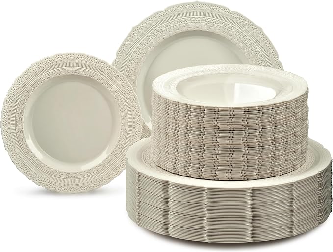 OCCASIONS 120 Guests Heavy Duty Disposable Plastic Plates Set – 11" Dinner & 8.25" Salad Plates, Premium Reusable Party Plates for Weddings, Events, Fancy Dinnerware – Chateau Ivory