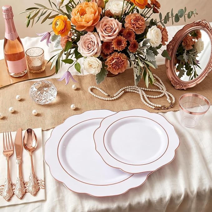 NOCCUR 175PCS Rose Gold Plastic Plates with Disposable Silverware - Include 25Dinner Plates, 25Dessert Plates, 25Forks, 25Knives, 25Spoons, 25Cups, 25Napkins for Party/Wedding/Birthday/Graduation