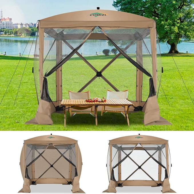 COBIZI 6x6 FT Pop up Gazebo, Popup Canopy Tent, Screened in Gazebos with sidewalls, Waterproof Portable Outdoor Small Screen Tents Sun Shelter,carpas para Patio for Camping, Garden and Backyard,Khaki