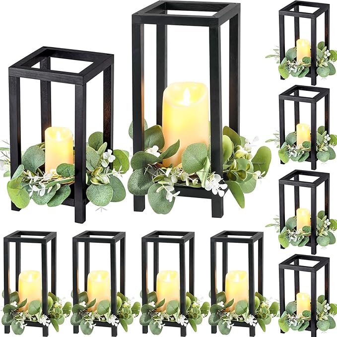 Geelin 10 Pcs Wooden Wedding Lantern Centerpiece Candle Lantern Table Wooden Candle Holder Decorative for Wedding Party Table Valentine Decor(10.59 in, 13 in,Black)