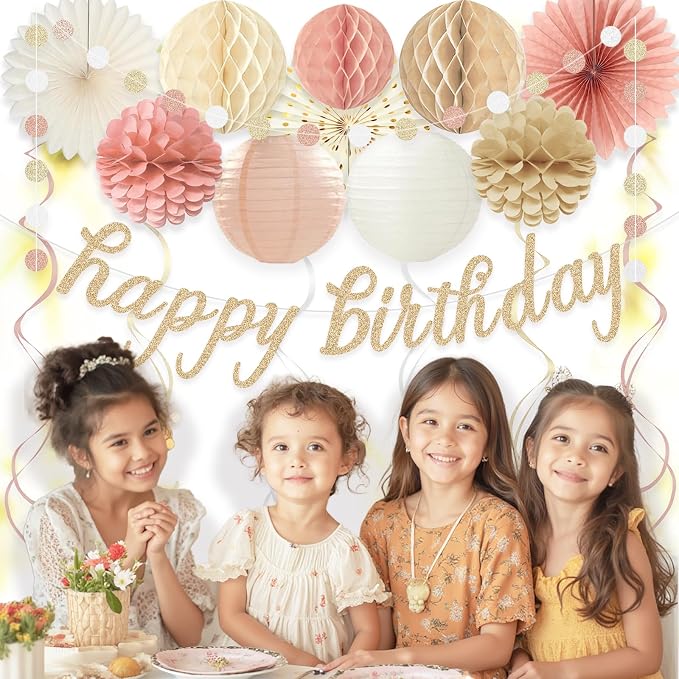 Boho Pink Happy Birthday Decorations for Women Girls, Pre-Strung, 24pcs | Happy Birthday Banner, Honeycomb Ball, Paper Flowers, Lanterns, Fans, Streamers, Dots Garland for Birthday Party Decorations