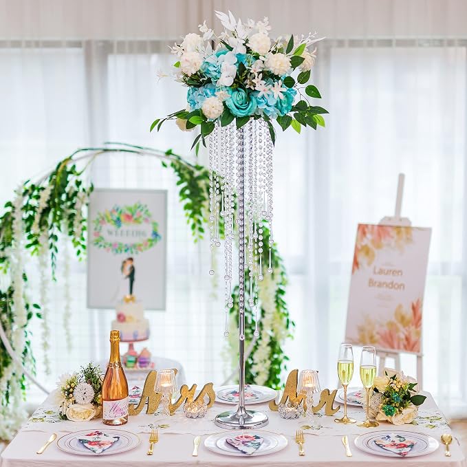 Tall Vases Wedding Centerpieces for Tables - 39.4" Silver Flower Vase with Chandelier Crystal, Centerpiece Table Decorations, Metal Flower Stand for Wedding, Party, Events, Home Decoration, 2 Pcs