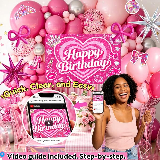 Pink Birthday Party Decorations for Girls, 135pcs Complete Kit - Rose Gold Balloons, Happy Birthday Banner, Backdrop, Tablecloth, Fringe Curtain, Sash for Girls Birthday Decor