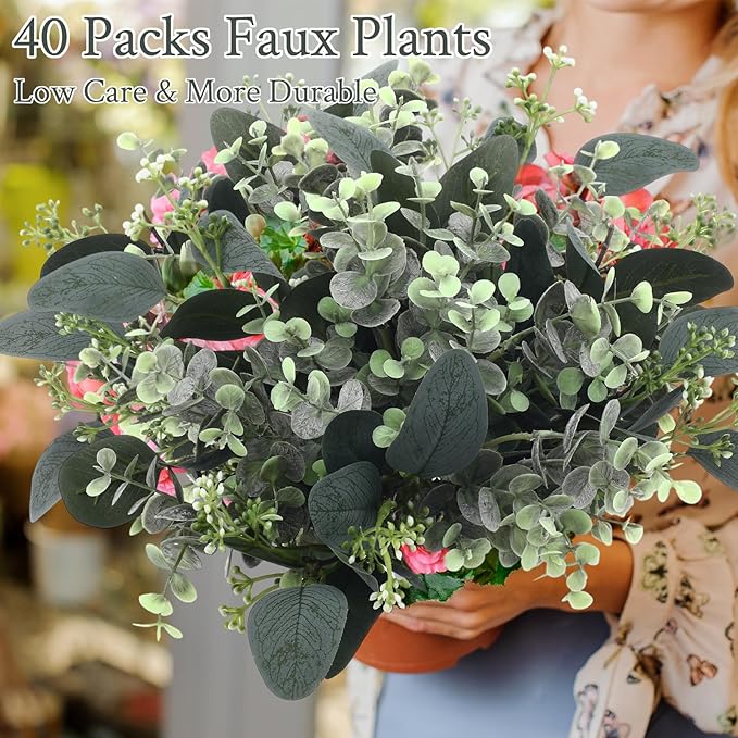 Janinka Mixed Eucalyptus Leaves Stems Bulk with White Seeds Artificial Silver Dollar Leaves Sprays Faux Oval for Wreath Garland Floral Bouquets Arrangement Wedding Greenery Decoration (40)
