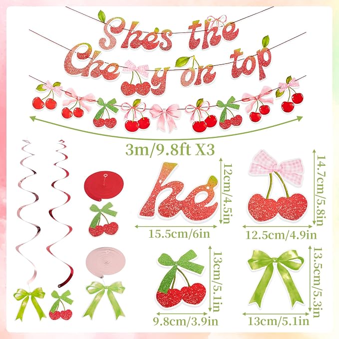 SUNBEAUTY Cherry Party Decorations Cherry On Top Baby Shower Decorations Cherry and Bow Hanging Banner for Birthday Bachelorette Bridal Shower Wedding Party Supplies