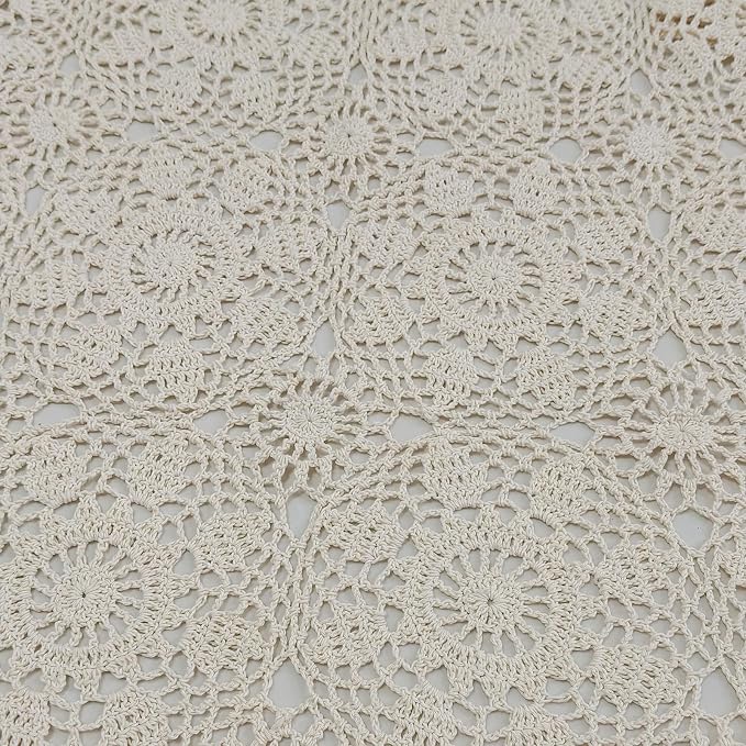 USTIDE 100% Cotton Handmade Crochet Square Tablecloth Beige Doilies Lace Table Covers 31.5 Inch