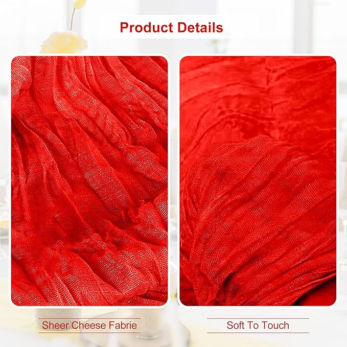 1 Pack Red Cheesecloth Table Runner 35x120 Inch 10Ft Rustic Gauze Cheese Cloth Table Runner Sheer Cheesecloth Table Runners for Wedding Party Bridal Shower Decoration