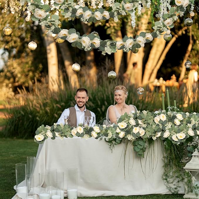 Zerzsy 13Ft Artificial Eucalyptus Garlands with Flowers, Artificial Champagne Rose Garland Vine Decor, Faux Floral Greenery Spring Garland Decorations for Table Home Wedding Mantle Party