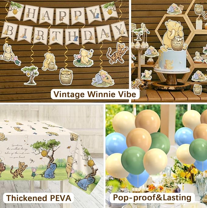192pcs Winnie Birthday Decorations, Vintage Winnie Bear Plates Napkins Cups Forks Tablecloth Balloons Banner Hanging Swirls Cupcake Toppers for Boy Girl Party Supplies 25 Guests