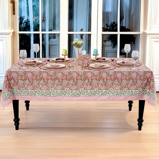Ridhi Strawberry Pink Hand Block Print Cotton Rectangle Tablecloth 90" x 60" inches Reusable Table Cover Decorative Everyday Use for Dining Room, Farmhouse, Home Gift for Spring, Mother's Day