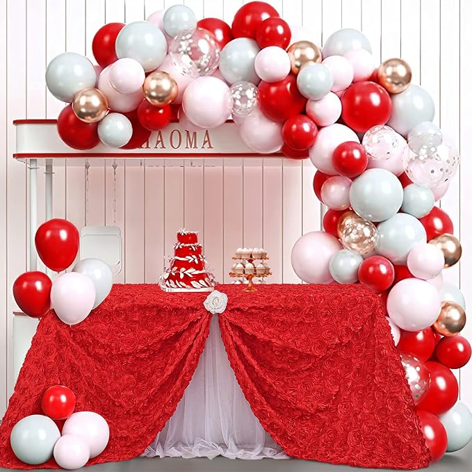 Red Rosette Tablecloth Satin Raised Rosettes 50 x102 Inches 3D Rose Floral Satin Rectangle Tablecloths for Wedding Banquet Party Baby Shower Sweet Cake