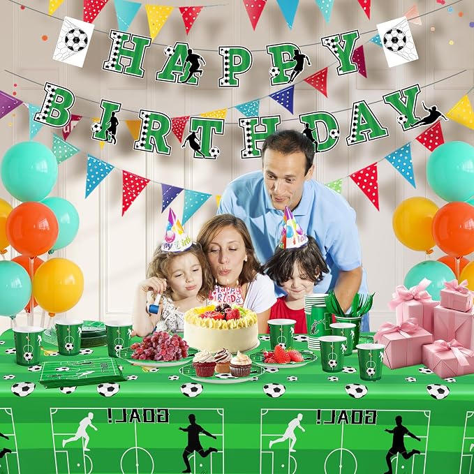 Cecnamt Soccer Birthday Decorations, 170 Pcs Soccer Party Decorations Including Banner, Plates, Cups, Napkins, Cutlery, Straws and Tablecloths, Serves 24