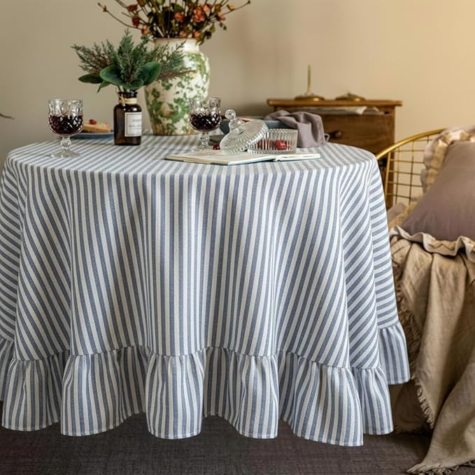 Boao Cotton 60 Inch Ruffle Tablecloth Blue White Striped Flounces Trim Table Cover for Round Table Kitchen Party Wedding Decor