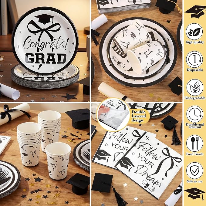 168 Pcs Black Bow 2026 Graduation Party Supplies Black Coquette Congrats Grad Plates and Napkins Class of 2026 Tableware Set Serves 24 Disposable Paper Cups for College Senior High School