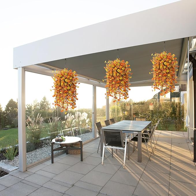 Homsunny Fall Artificial Fake Mums Hanging Flowers Plants Basket for Outdoor Autumn Decoration, Fake Silk Orange Planters UV Resistant Look Real for Home Patio Balcony Yard Porch Decor(Yellow Orange)