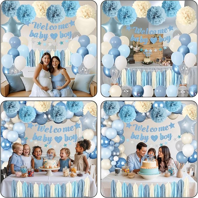 Dusty Blue Baby Shower Decorations for Boy, Welcome Baby Boy Banner Slate Light Metallic Blue White Sand Latex Balloons with Pom Poms Cake Topper Tassel for Boho Baby Shower Birthday Party Supplies