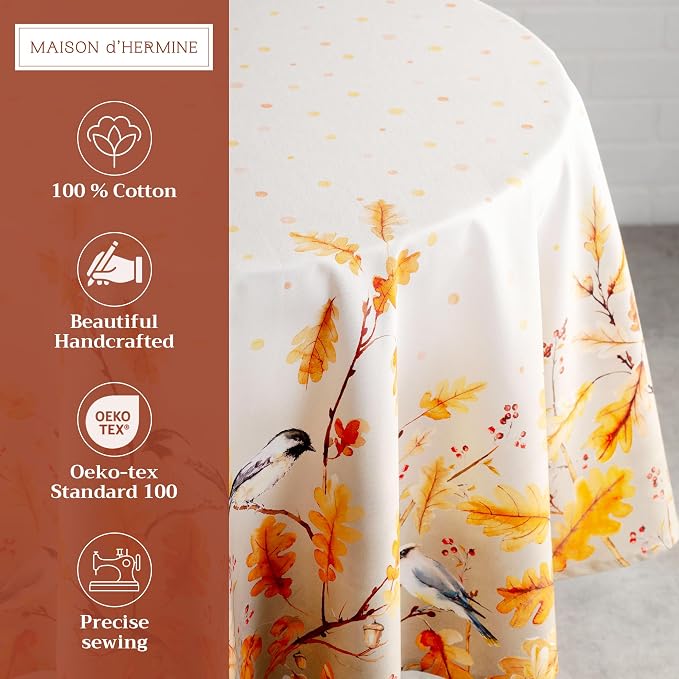 Maison d' Hermine Table Cloth Round Table 100% Cotton 63 Inches Fall Tablecloth Reusable Everyday Use for Thanksgiving Christmas Decorations Dining Farmhouse Party (Oak Leaves)