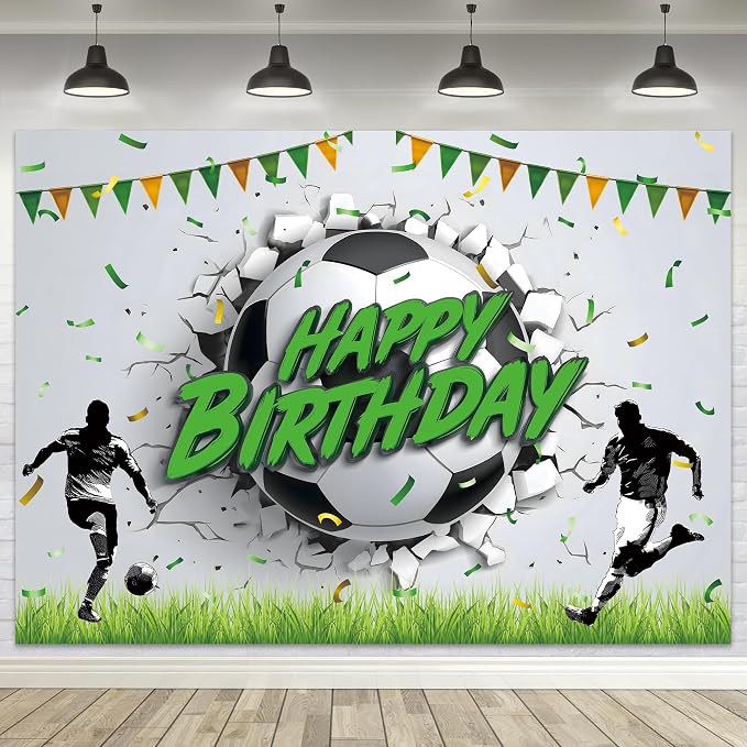 Soccer Happy Birthday Backdrop Football Theme Breaking The Wall Baby Party Banner for Kids Boys Photography Background Decoration Colorful Flags Green Grass Fabric Photo Shoot Studio Props