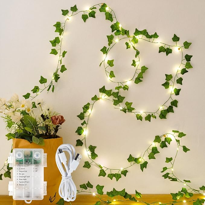 HEYFUNi 23ft Pre-Wrapped Ivy Vine Lights with 73 LEDs, USB or Battery Operated Artificial Greenery Garland for Bedroom Aesthetic, Dorm Room, Wedding Backdrop, Boho Wall Decor, Warm White