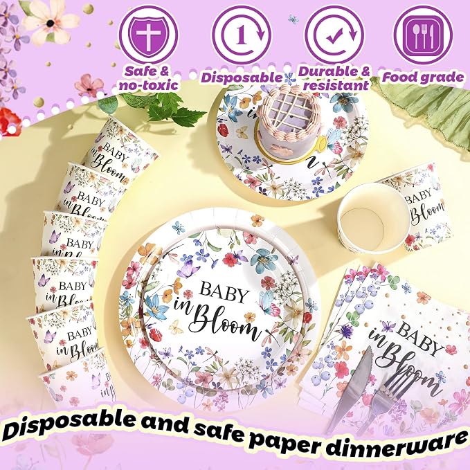 Hsei 250 Pcs Baby in Bloom Baby Shower Decorations Wildflower Plates and Napkins Set Floral Party Tableware Set for 50 Guests Floral Disposable Plates Napkins Cups for Birthday Party Supplies