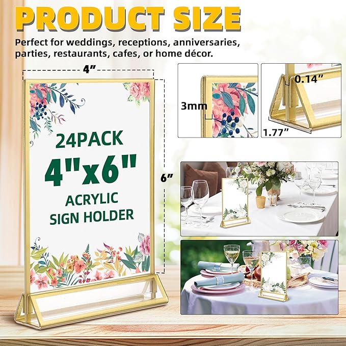 TonGass 24-Pack 4"x6" Gold Acrylic Picture Frames – 3mm Gold Border Wedding Table Number Holders, Clear Double-Sided Acrylic Sign Holders for Weddings, Banquets, Parties, Centerpieces