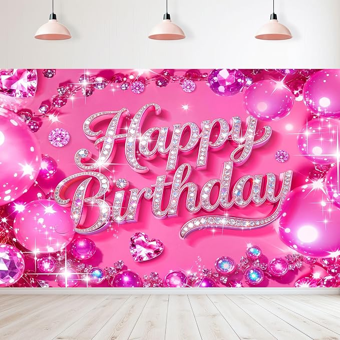 Happy Birthday Backdrop 5Wx3H Feet Polyester Fabric Hot Pink Bling Diamond Glitter for Women Girls Decoration Modern Party Supplies Photography Background Photo Shoot Props