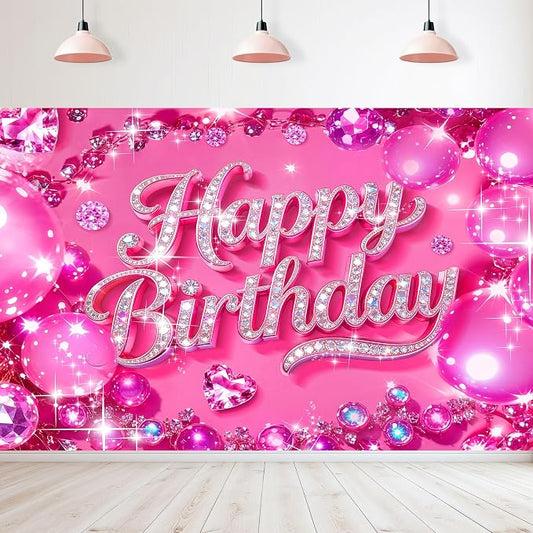 Happy Birthday Backdrop 5Wx3H Feet Polyester Fabric Hot Pink Bling Diamond Glitter for Women Girls Decoration Modern Party Supplies Photography Background Photo Shoot Props
