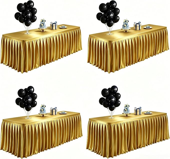Wish Care 4 Pack Satin Table Cover Skirts for 8ft Rectangular Tables, Dark Gold Shimmer Silk Tablecloth with Floor Length Ruffle for Wedding Banquet Party Buffet Decoration
