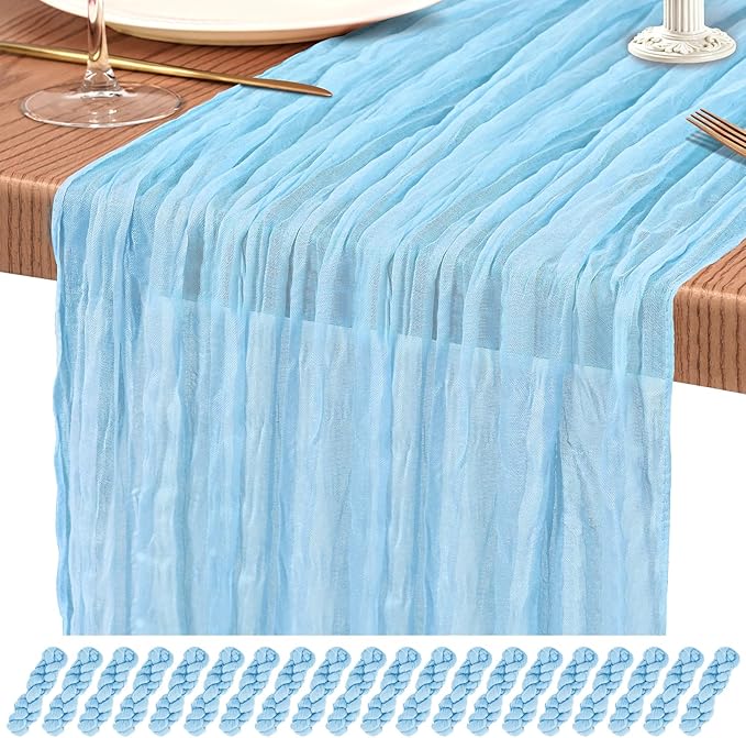 20 Pack Baby Blue Cheesecloth Table Runner 10FT Light Blue Boho Gauze Cheese Cloth Table Runners Romantic Rustic Sheer Table Decorations for Wedding Party Baby Shower Birthday Holiday Home