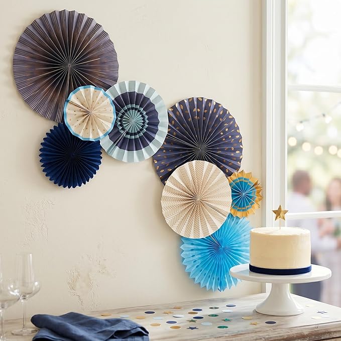 PapaKit 8-Piece Origami Paper Fan Decorations - Starry Midnight Blue & Metallic Gold Hanging Pinwheels – Reusable Wall Backdrop for Birthday, Baby Shower, Graduation, and New Year's Eve Parties