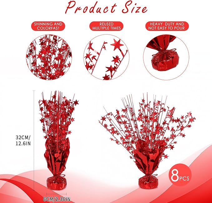 8 Pack Metallic Star Spray Centerpieces for Tables - Bulk 12.4" Foil Fountain Table Decorations for Large Events, Graduation 2026, Wedding Reception (Red)